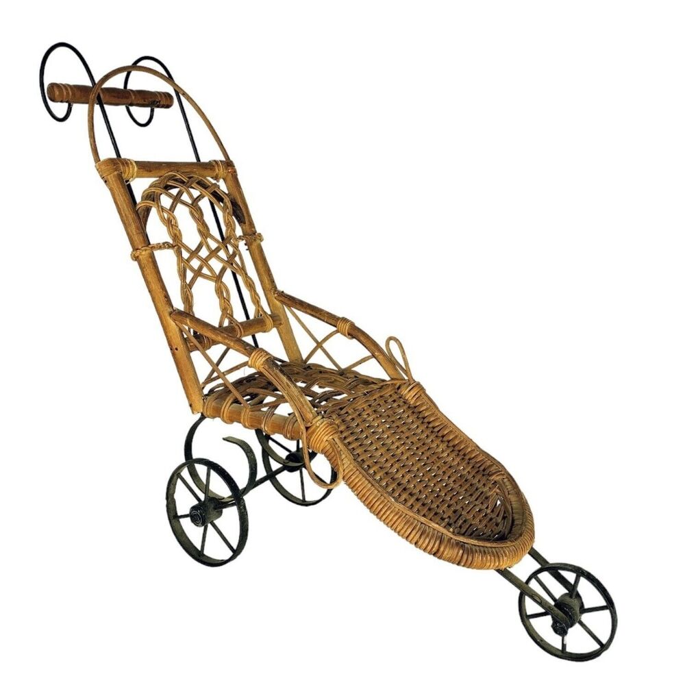 Victorian Wicker Pram Cast Iron 3-Wheel Doll Stroller Antique Rattan Push Chair